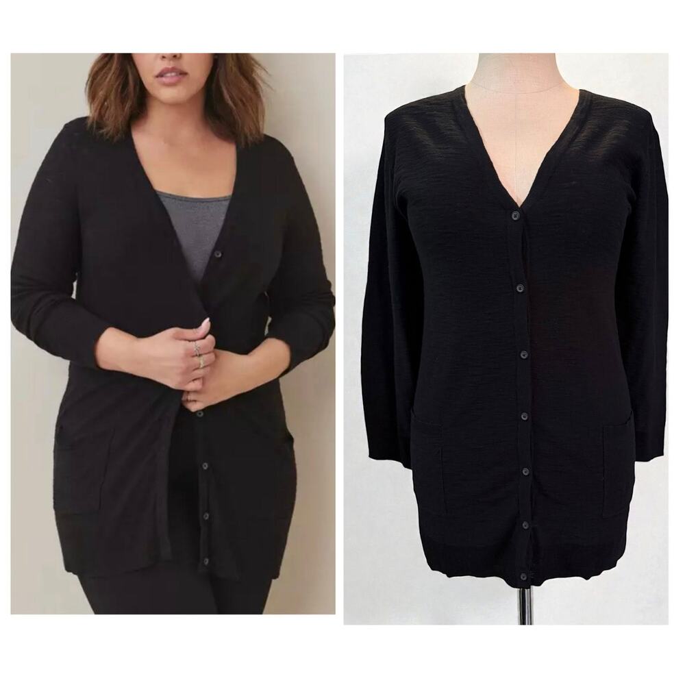 Torrid‎ 5 Black Slub Button Up Boyfriend Cardigan V Neck Sweater Plus Size 5X